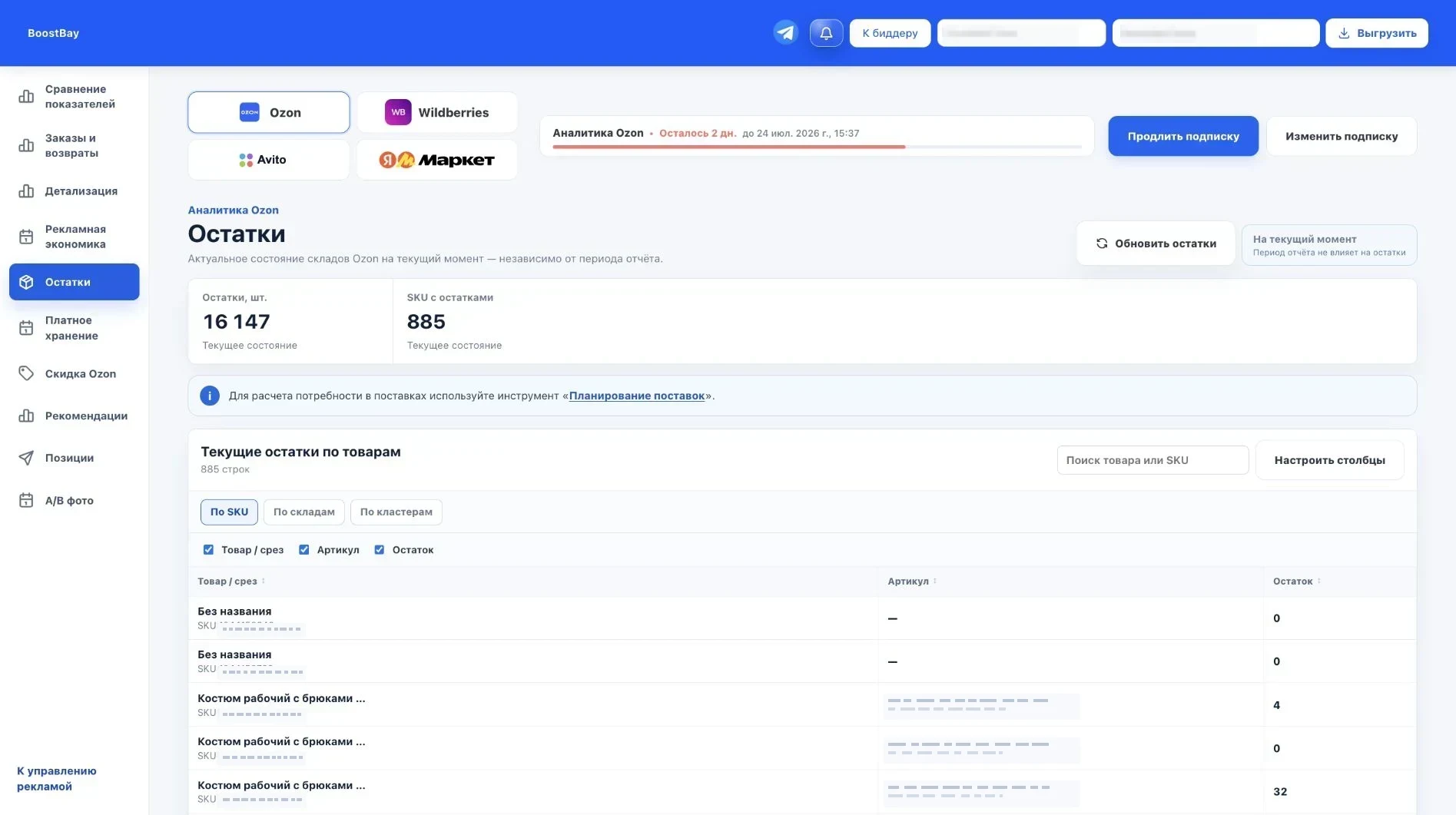 Раздел остатков Ozon в аналитике BoostBay